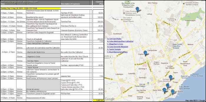 Cebu Itinerary 2011 and Site Map